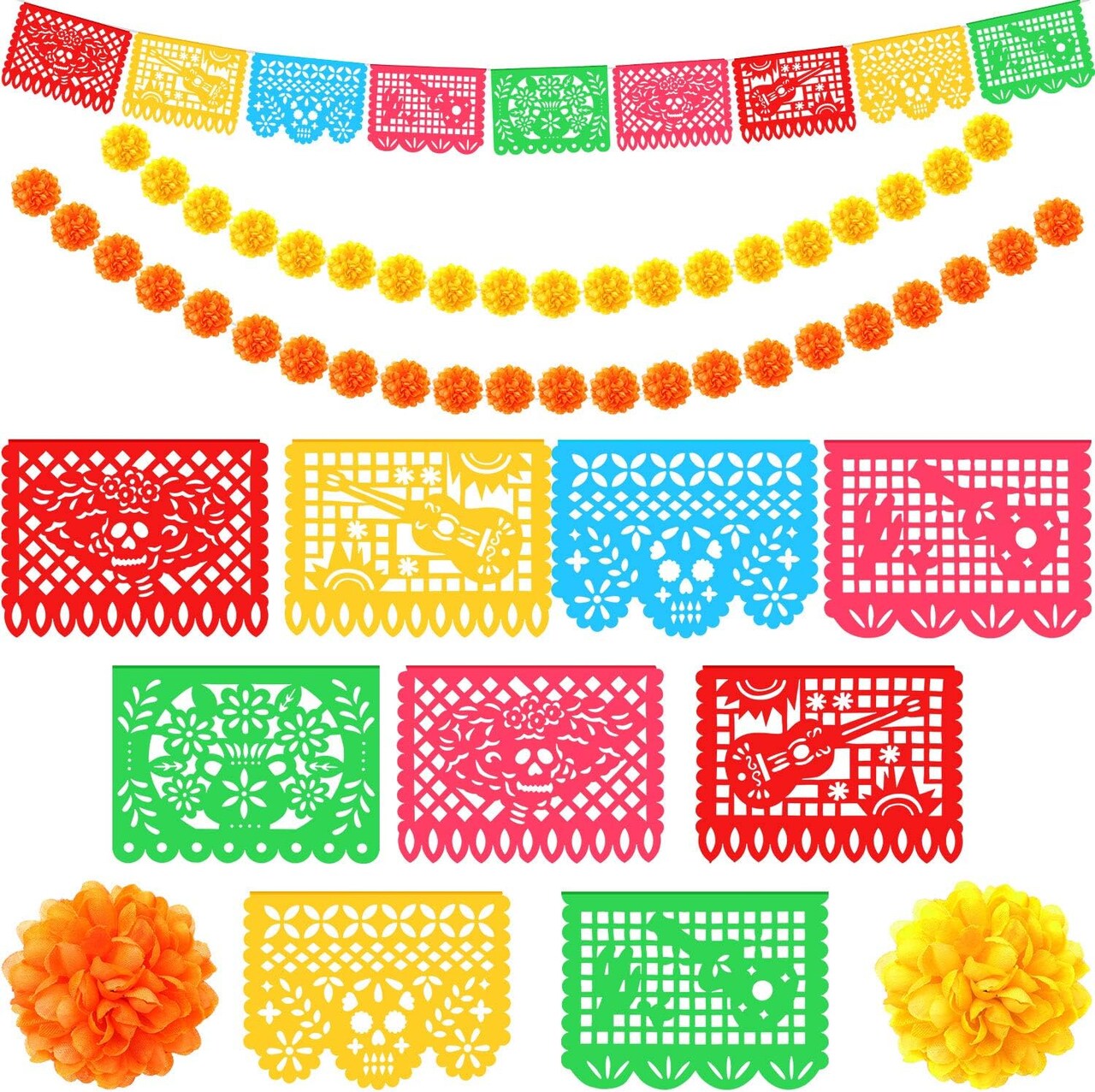 18 Feet Mexican Party Banners 40 Pieces Marigold Flowers (Orange, Yellow, Colorful)